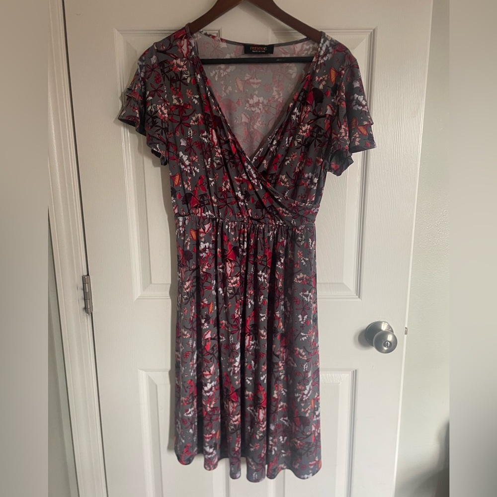 Renee C Gray Red Floral Faux Wrap V Neck Midi Dress